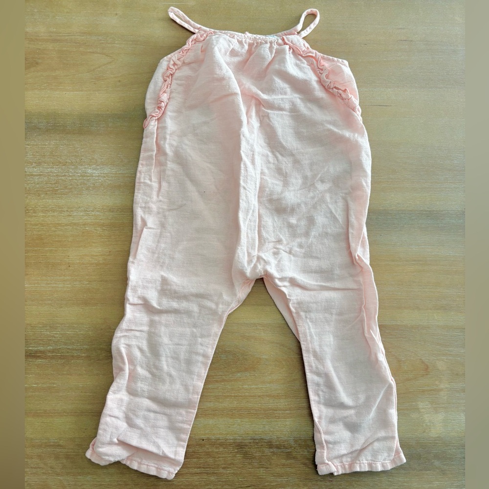 Zara Baby Pale Pink Linen Blend Ruffle Accent Button Back Jumpsuit, Size 3-4T